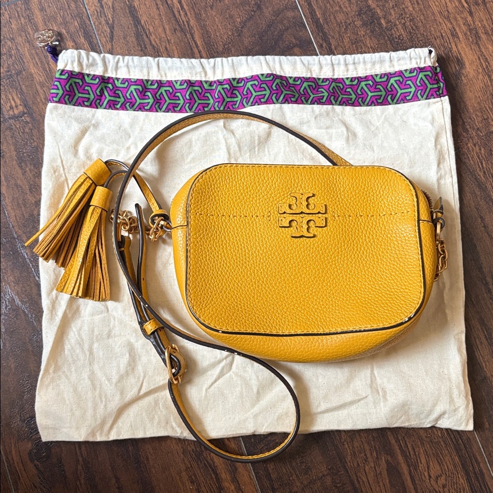 Tory Burch Yellow Pebbled Leather Camera Crossbody with Tassel and Dust Bag